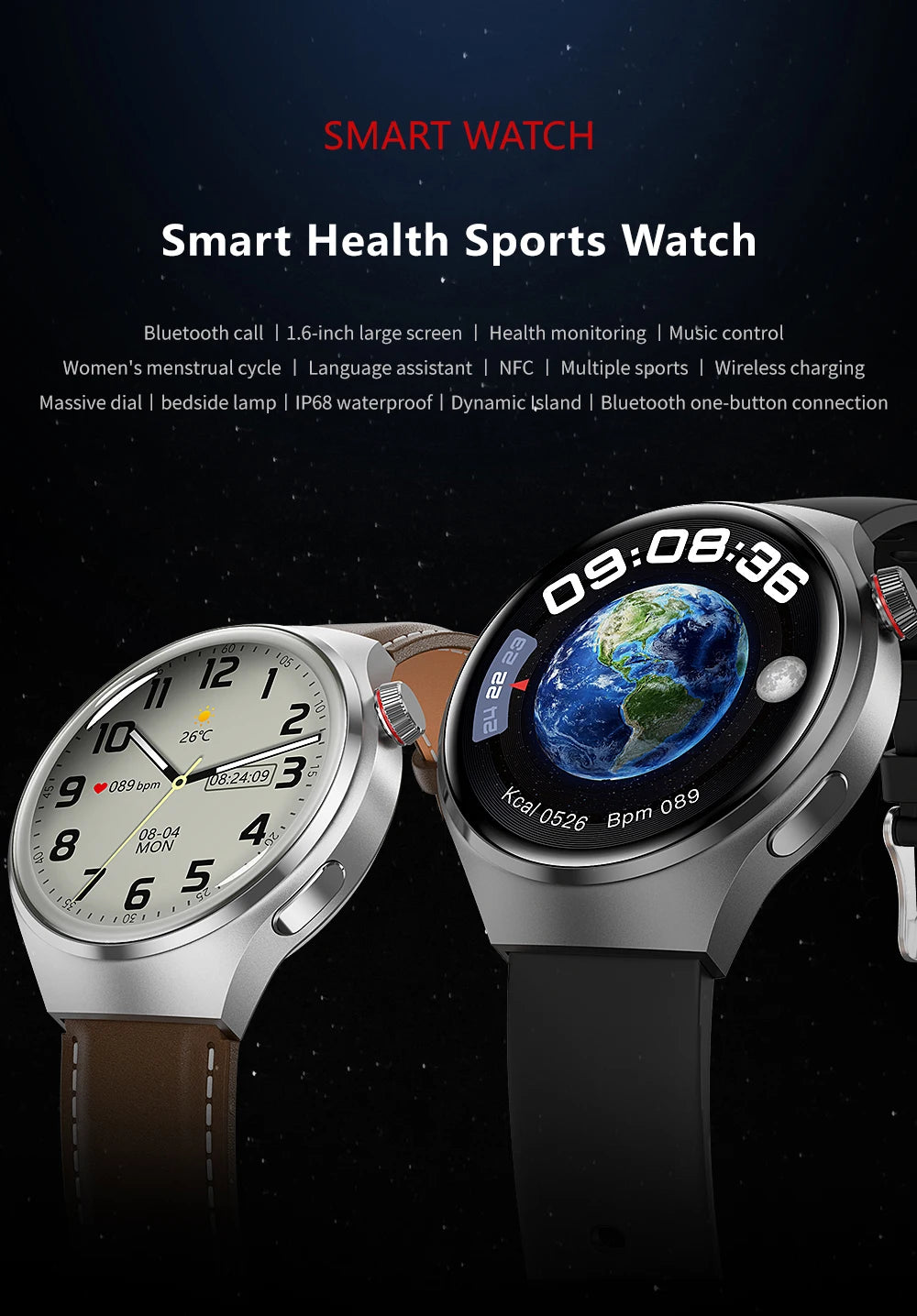 Smartwatch: Heart Rate Monitor, Bluetooth Call, NFC, GPS, IP68 Waterproof