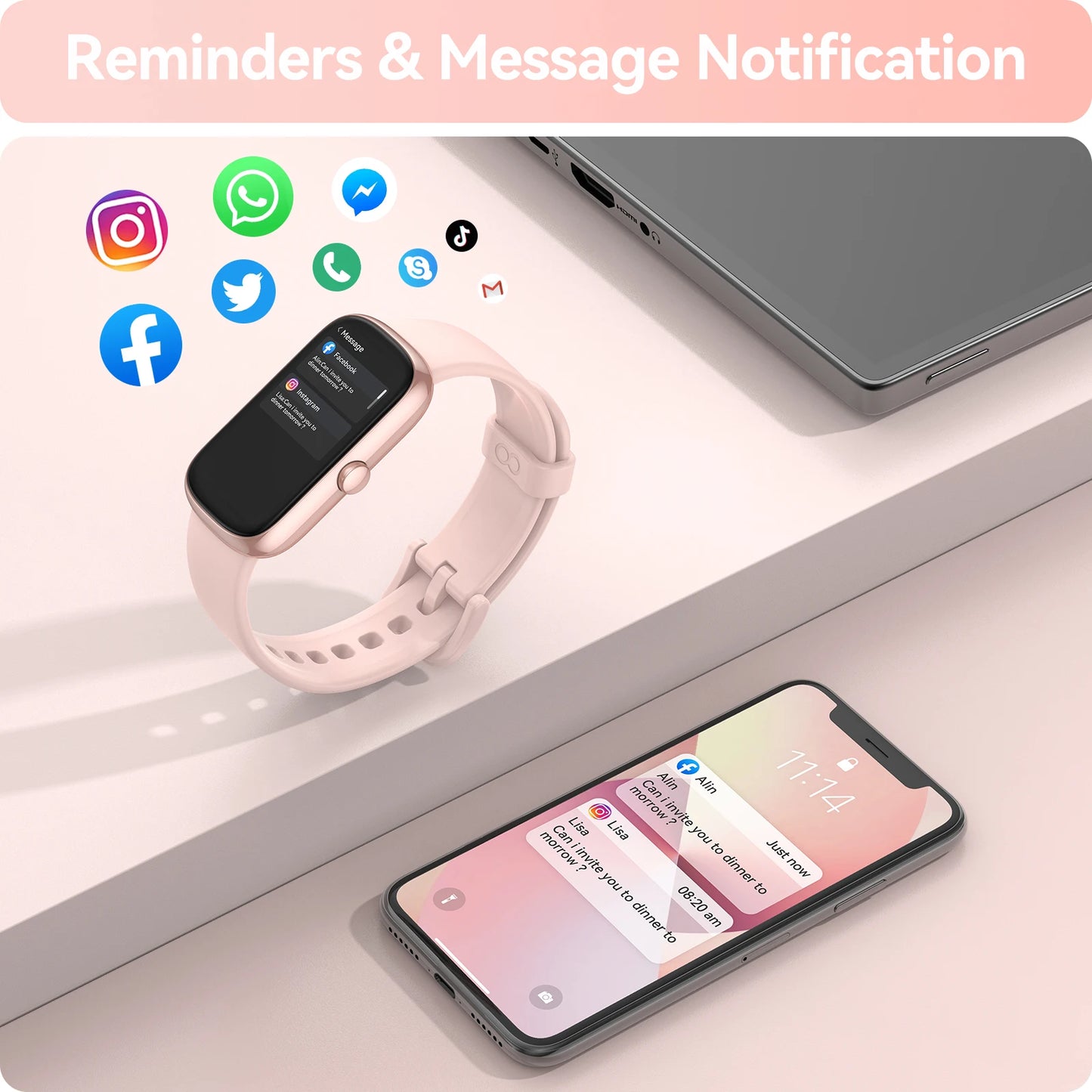 Fashion Sports Smart Watch – Fitness Tracker for Adults & Kids, Heart Rate Monitor, Call Reminder, Smart Bracelet