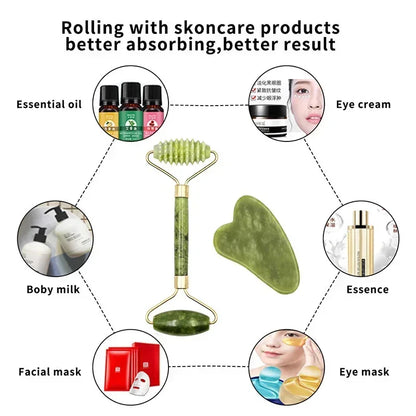 Natural Stone Jade Roller & Gua Sha Massage Set – SPA-Grade Facial & Body Relaxation Tools