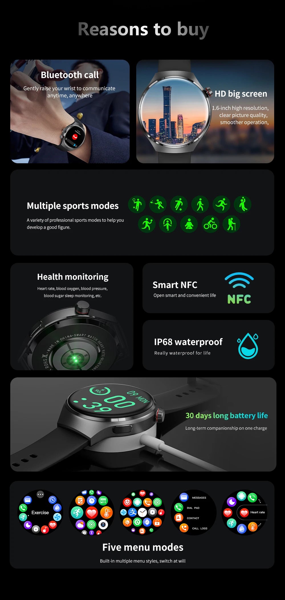 Smartwatch: Heart Rate Monitor, Bluetooth Call, NFC, GPS, IP68 Waterproof