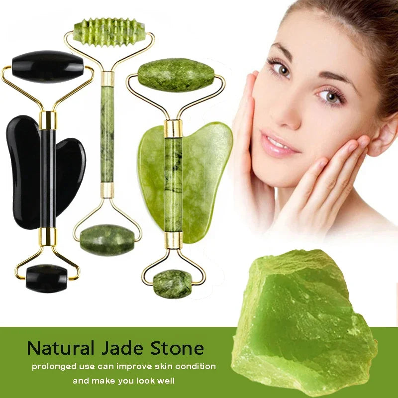 Natural Stone Jade Roller & Gua Sha Massage Set – SPA-Grade Facial & Body Relaxation Tools