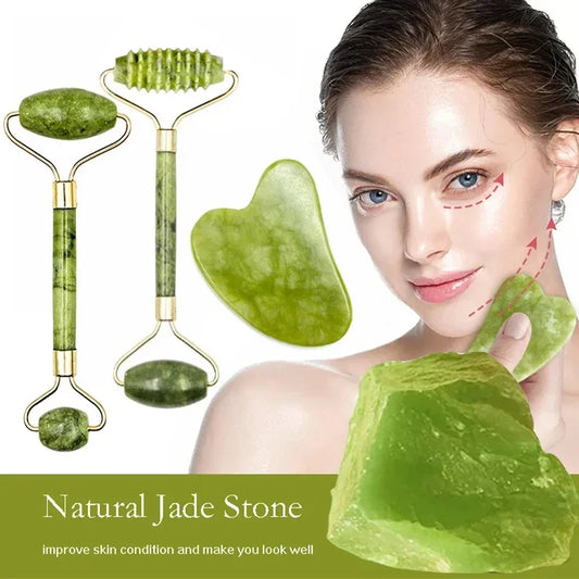 Natural Stone Jade Roller & Gua Sha Massage Set – SPA-Grade Facial & Body Relaxation Tools